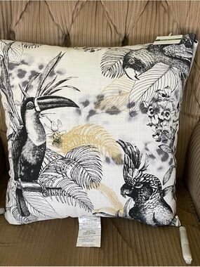 Tropical Bird Decorative Throw Pillow in Black, White & Gold